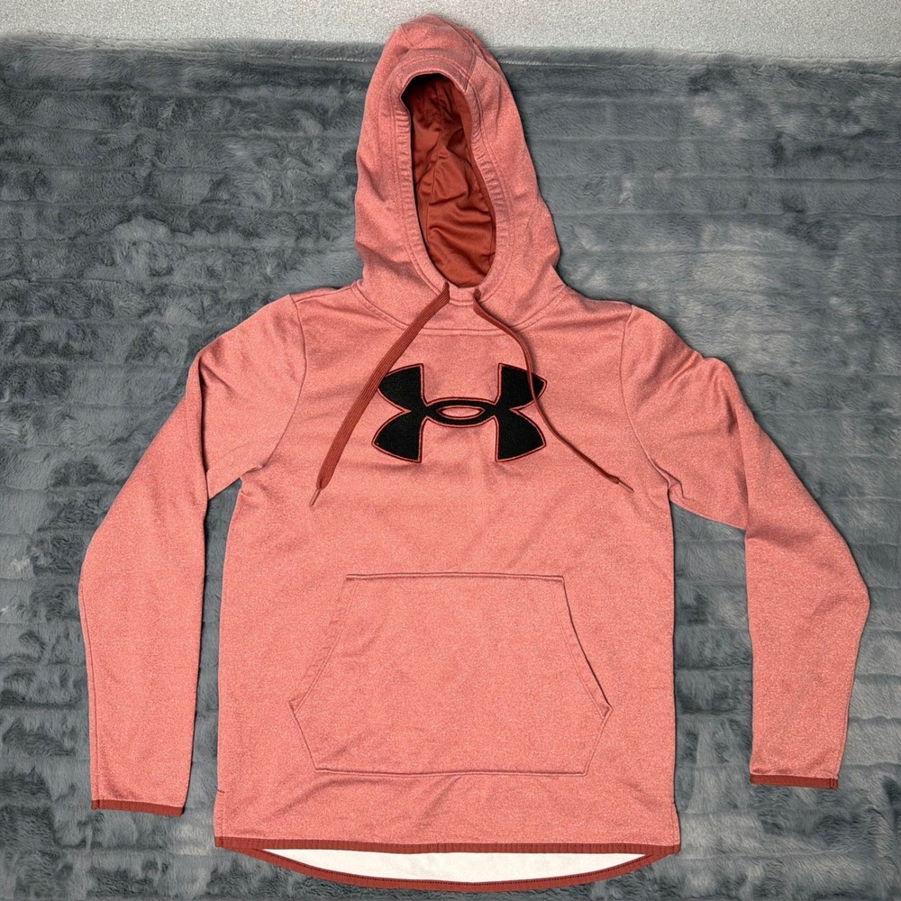 Under Armour Womens Small Pink Big Logo Fleece Pullover Hoodie Heathered Loose